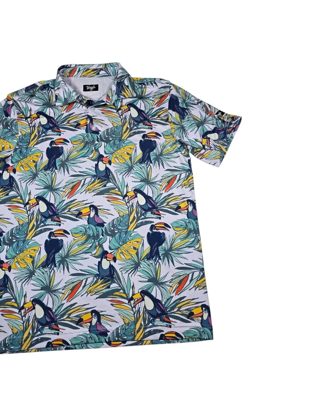 Waggle Men's Toucan Tropical Floral AOP Performance Golf Polo Shirt, Size Medium - Picture 4 of 9